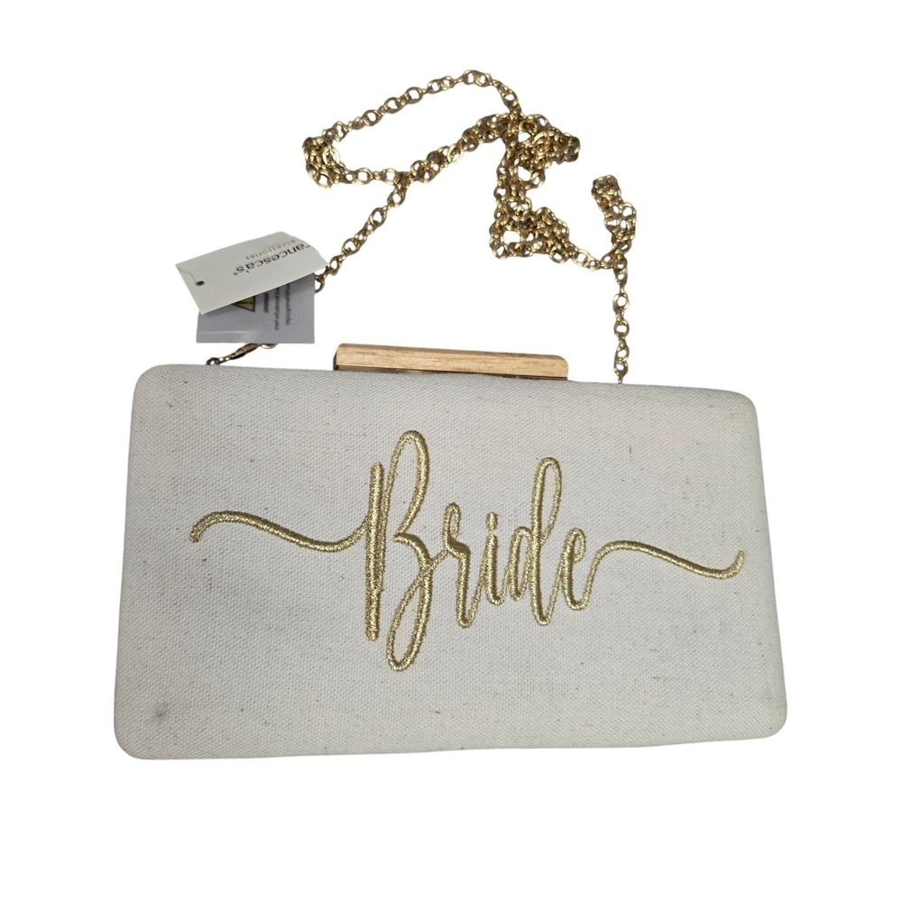 Francesca's Bride Linen Clutch Bag Beige Gold‎ Embroidery Wood Clasp Wedding NWT